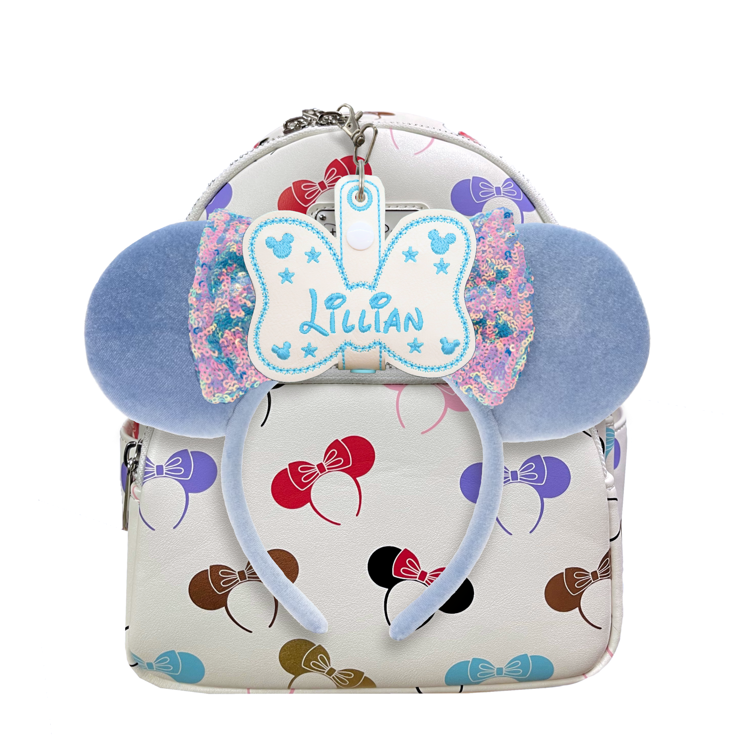 Personalised Blue Minnie Bow Ear Holder & Sunglasses Holder