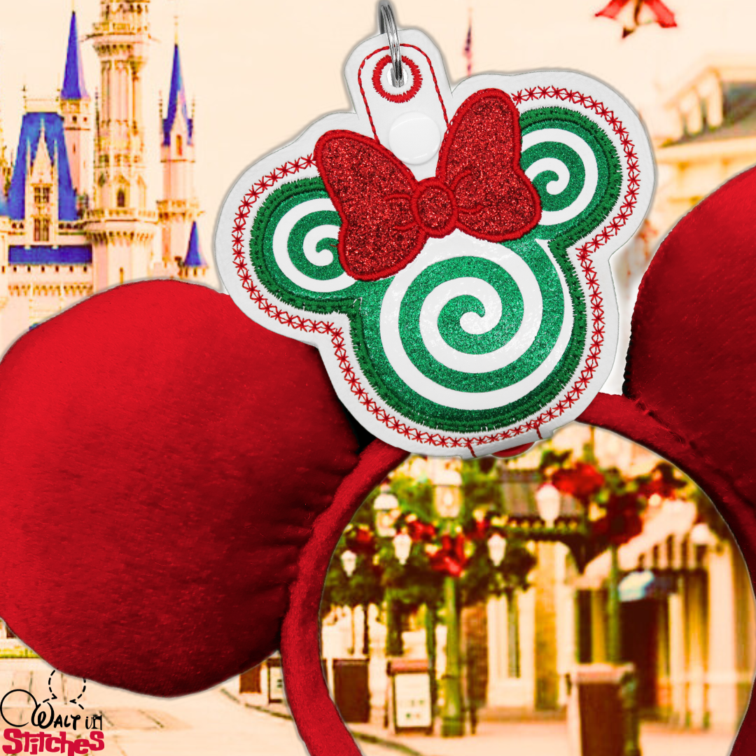 Christmas Ear holder for Minnie Mouse ears with a green peppermint swirl and red glitter bow